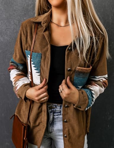 Aztec Design Women's Corduroy Flannel Shirt with Pockets