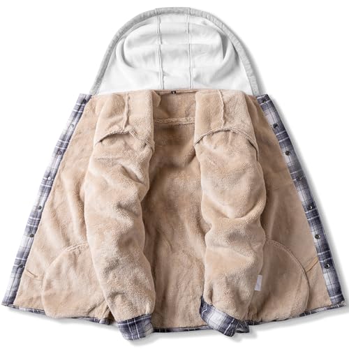 Plaid Flannel Shirt Jacket for Men with Sherpa Lining and Hood