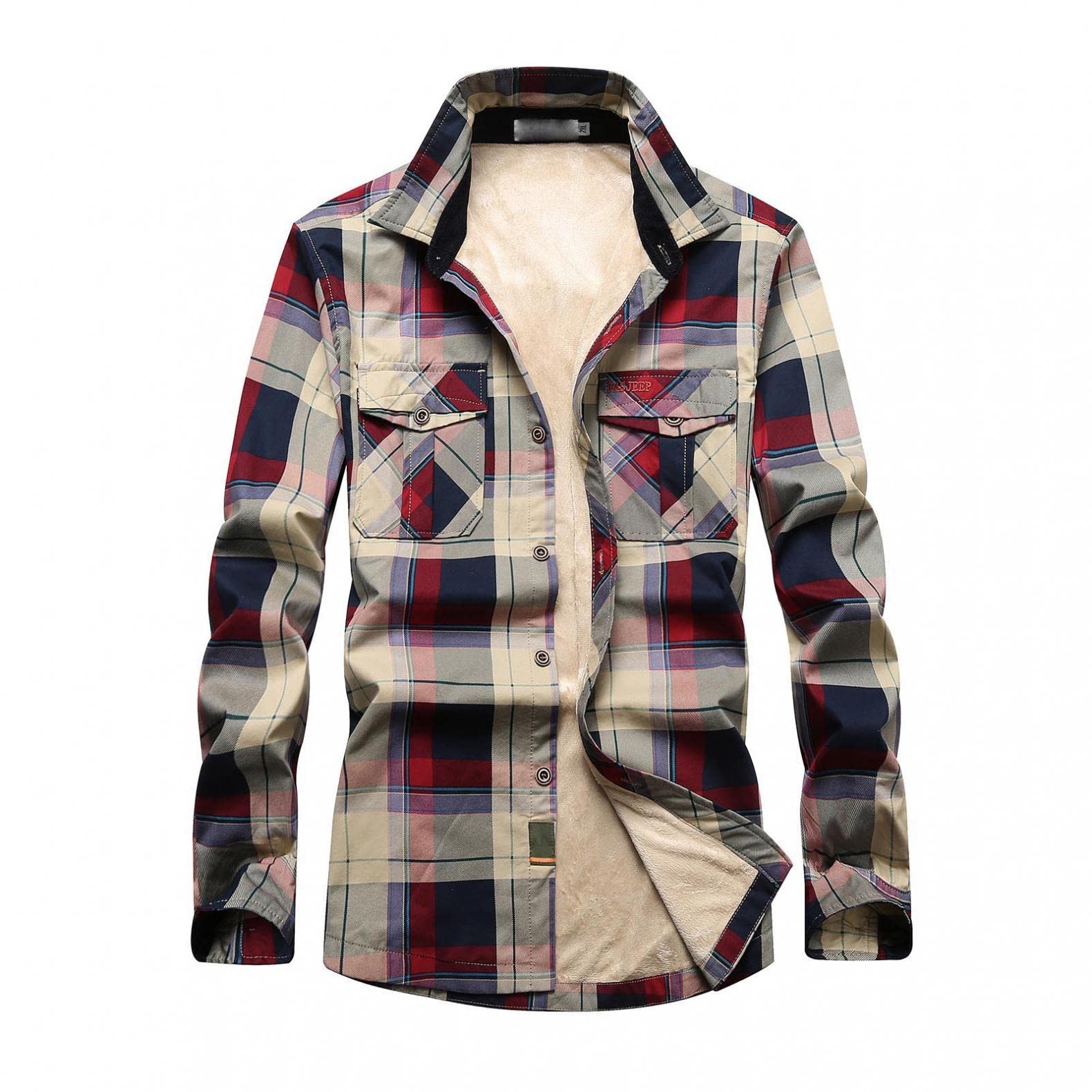 ZHUER Vintage Men's Warm Sherpa Fleece Lined Plaid Long Sleeve Shirt Jackets