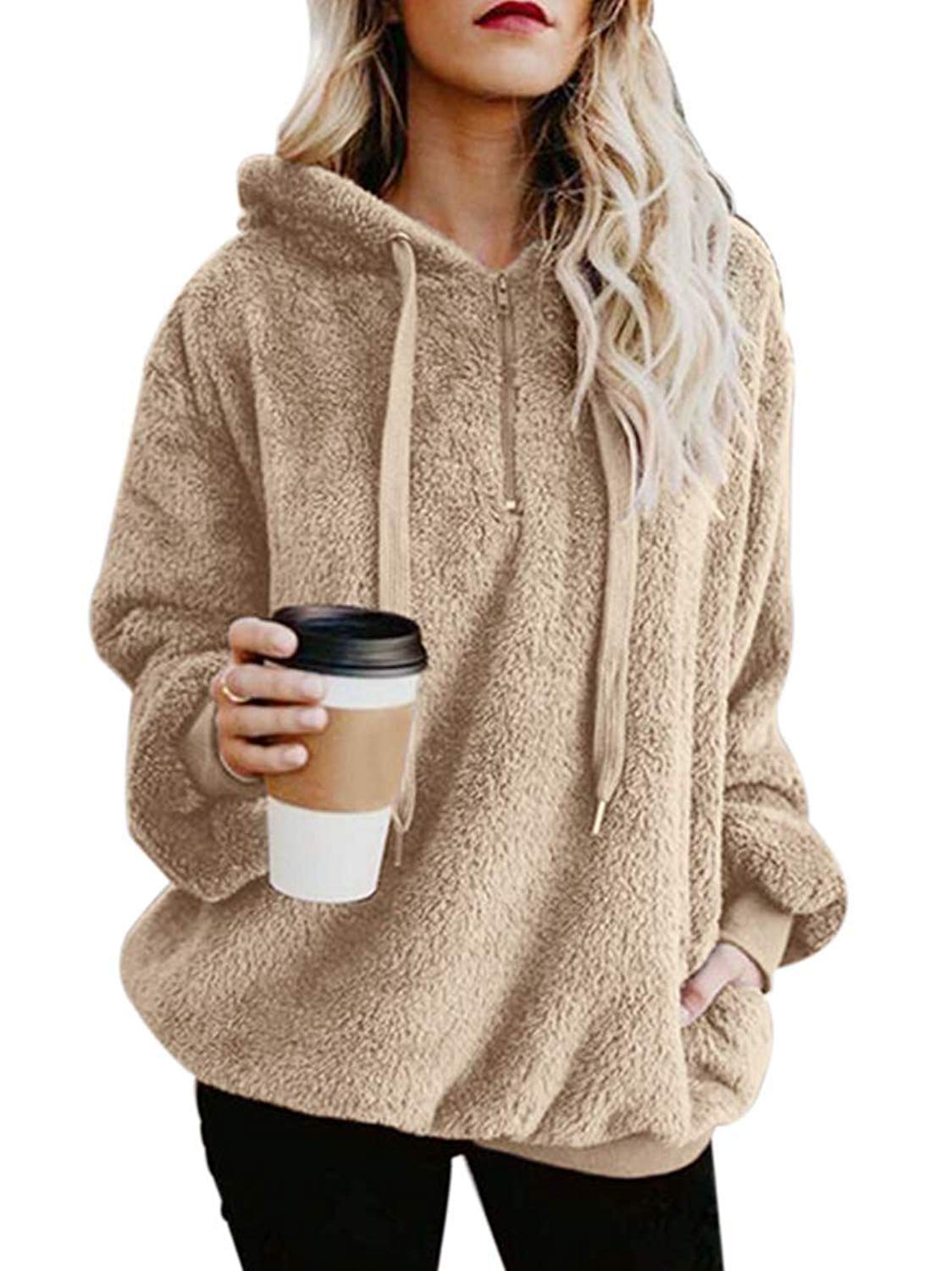 Plaid Sherpa Hoodie with Pockets for Women