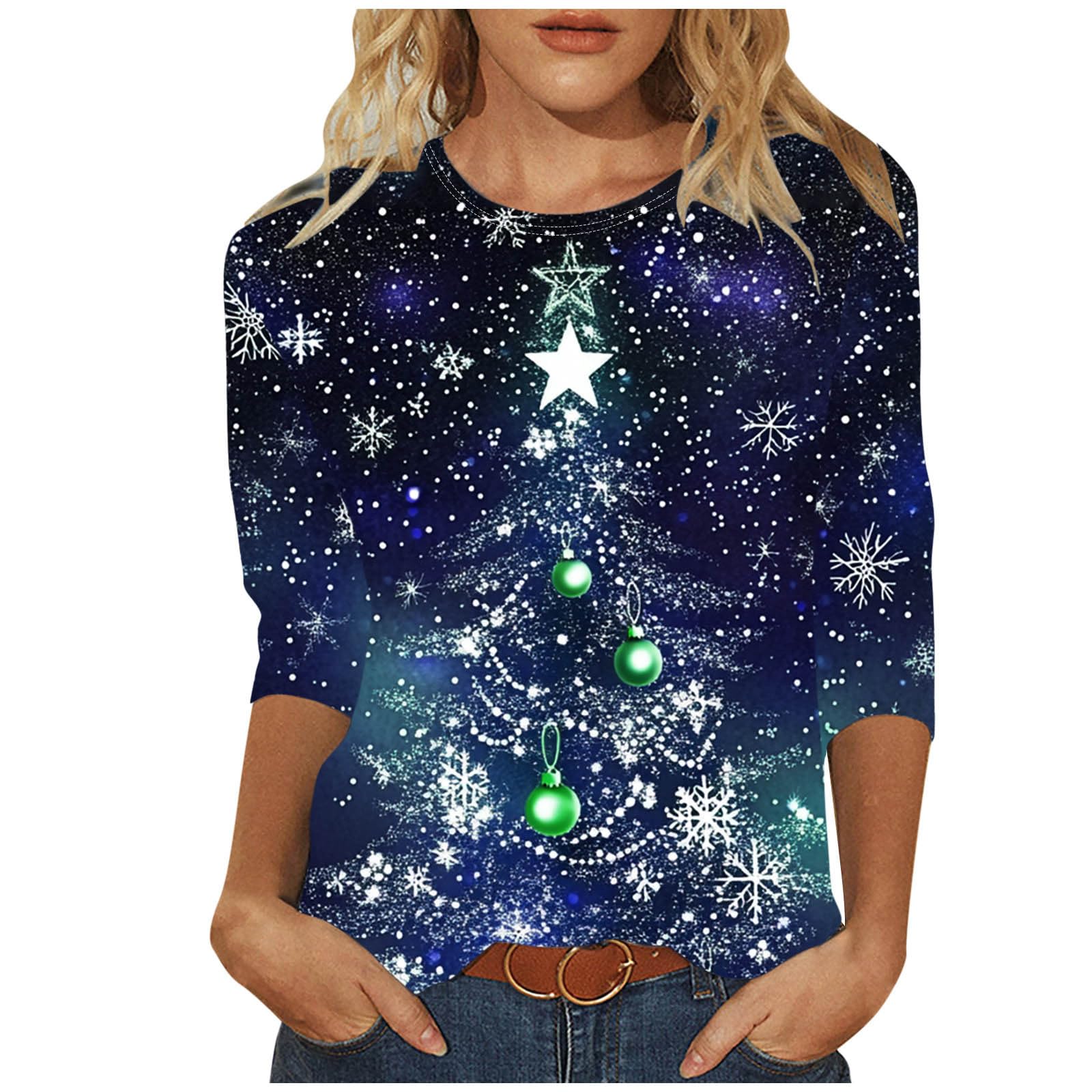 Yadeou Blue Christmas Tree Shirt for Winter Festive Night Wear