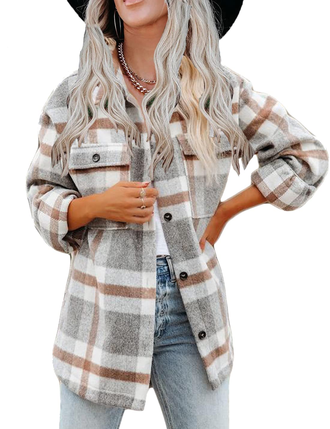 Women's Plaid Wool Blend Button-down Jacket for Fall