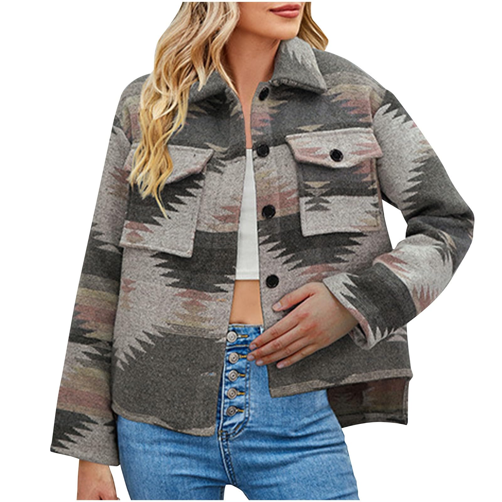 FOCLMP Women's Aztec Fall Shacket Jacket 2024 Trendy Fashion Top
