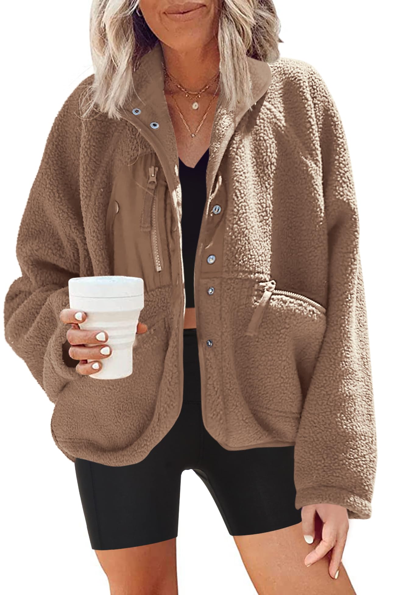 Nirovien Women's Warm Sherpa Jacket with Pockets