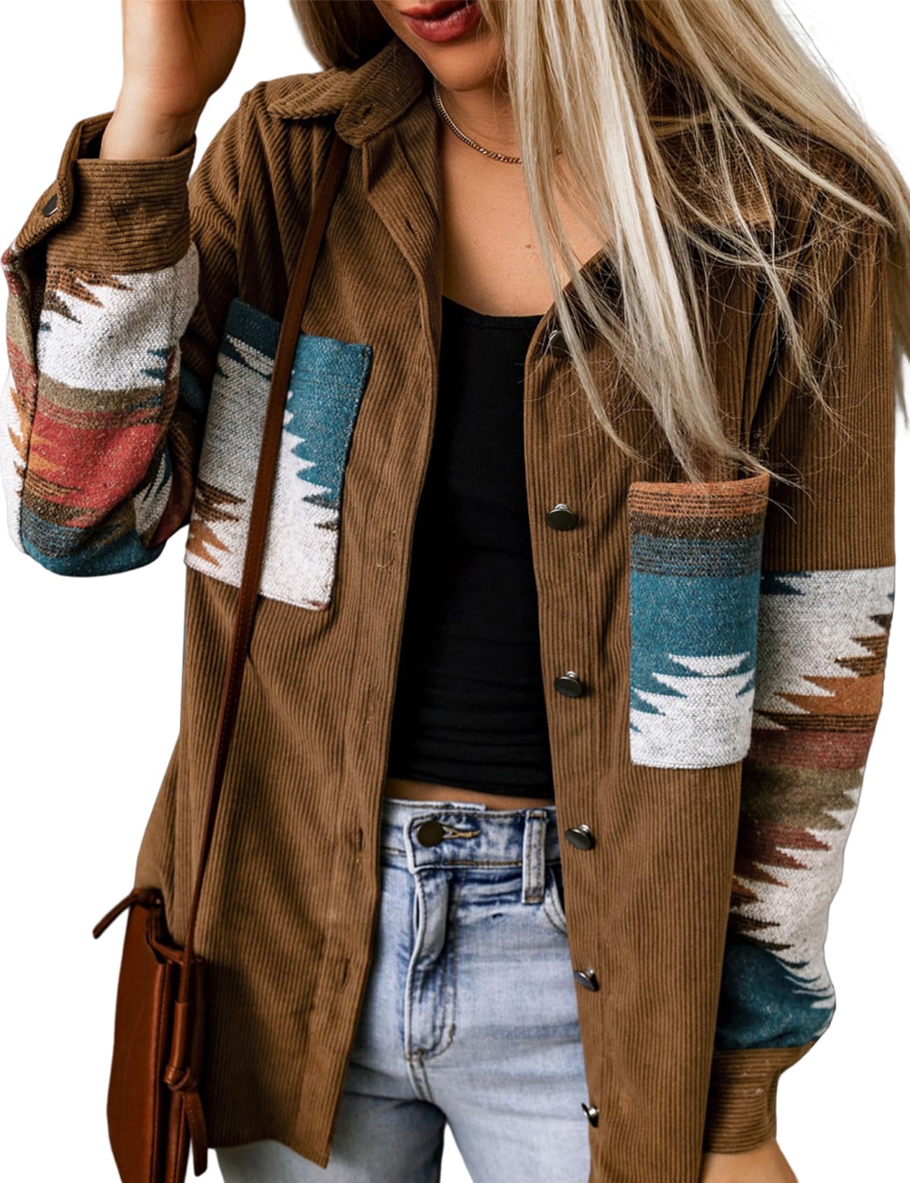 Aztec Design Women's Corduroy Flannel Shirt with Pockets