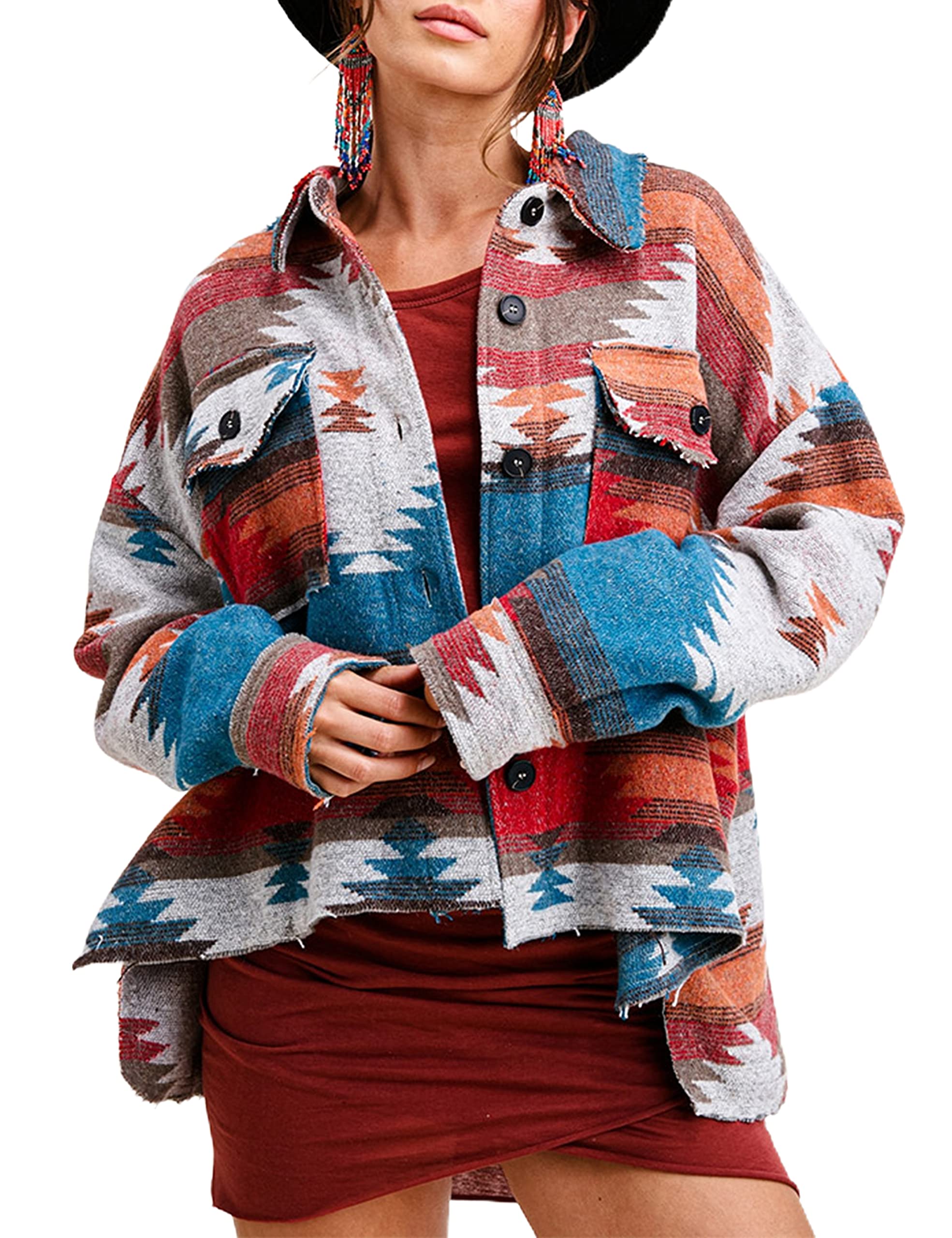 Women's Boho Vintage Aztec Print Woolen Jacket